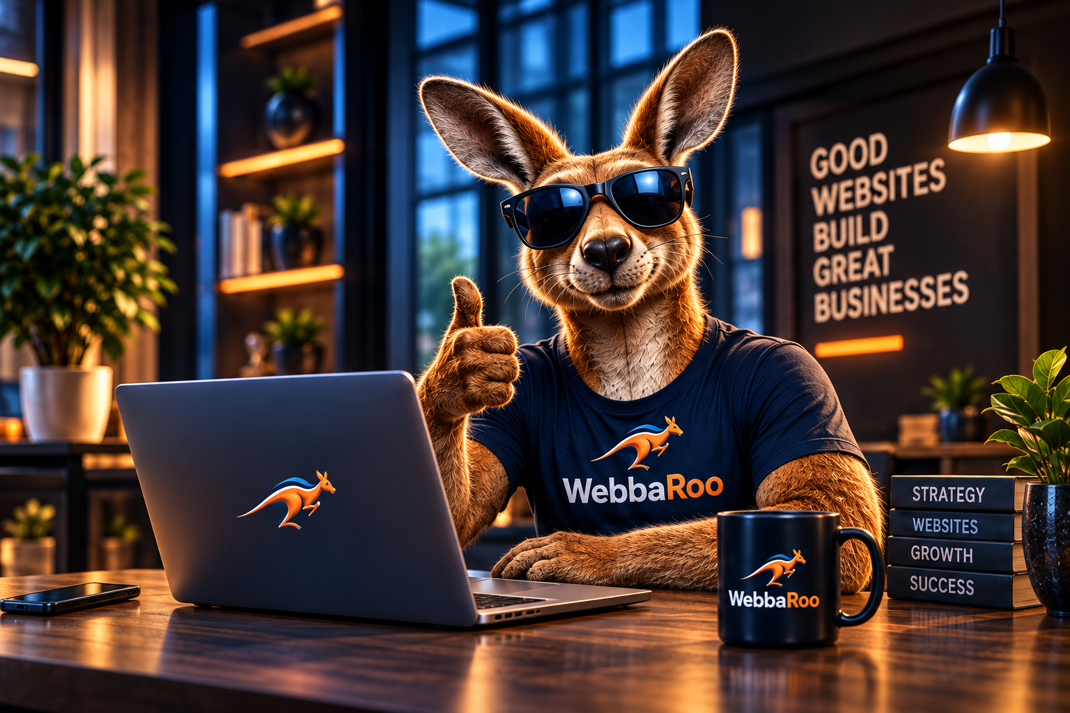 WebbaRoo kangaroo mascot at a laptop in a modern office